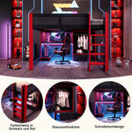 Gaming Loft Bed 140x200cm with Desk & LED, Black + Red