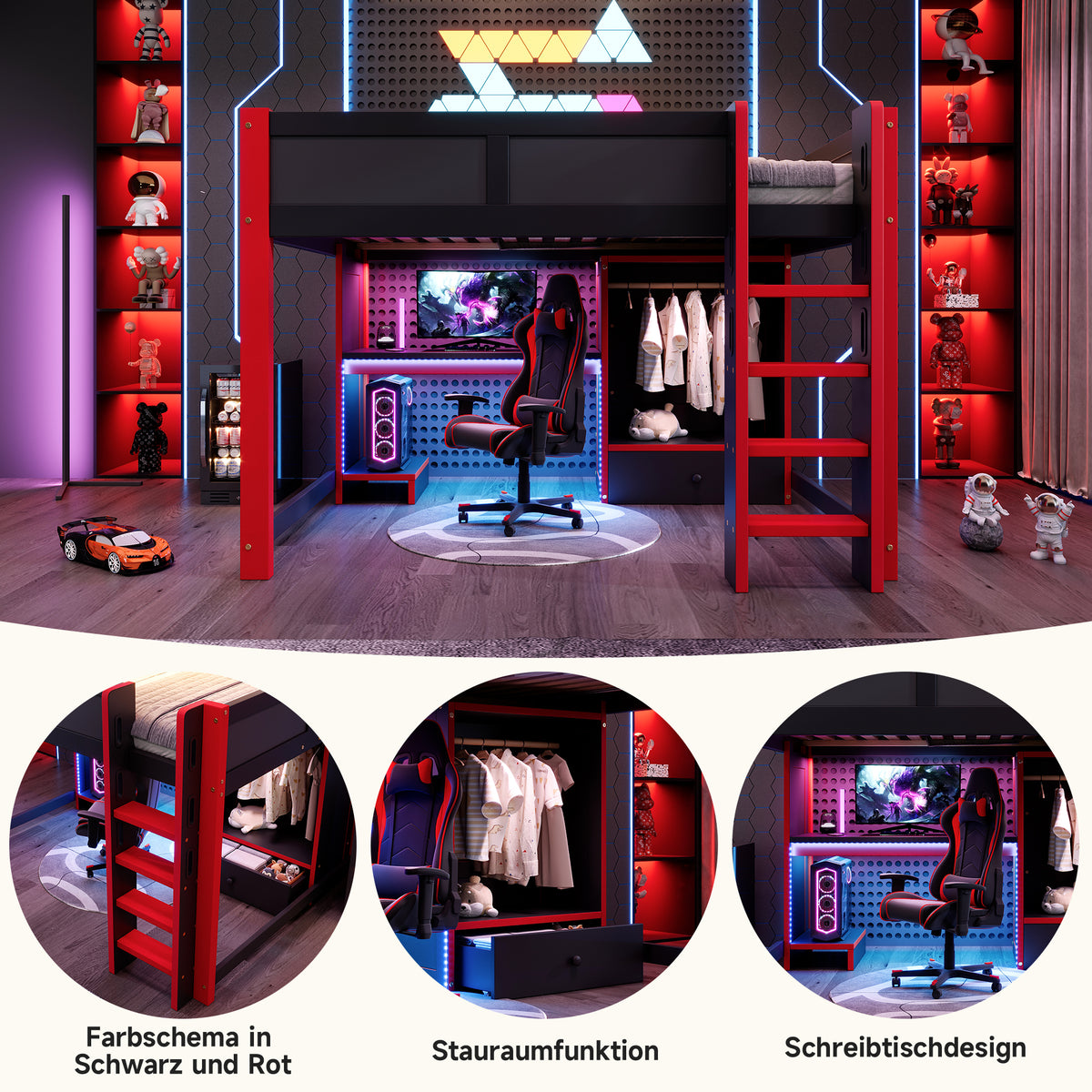 Gaming Loft Bed 140x200cm with Desk & LED, Black + Red