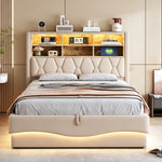 Upholstered Bed 140x200 with Storage & LED, Beige Linen