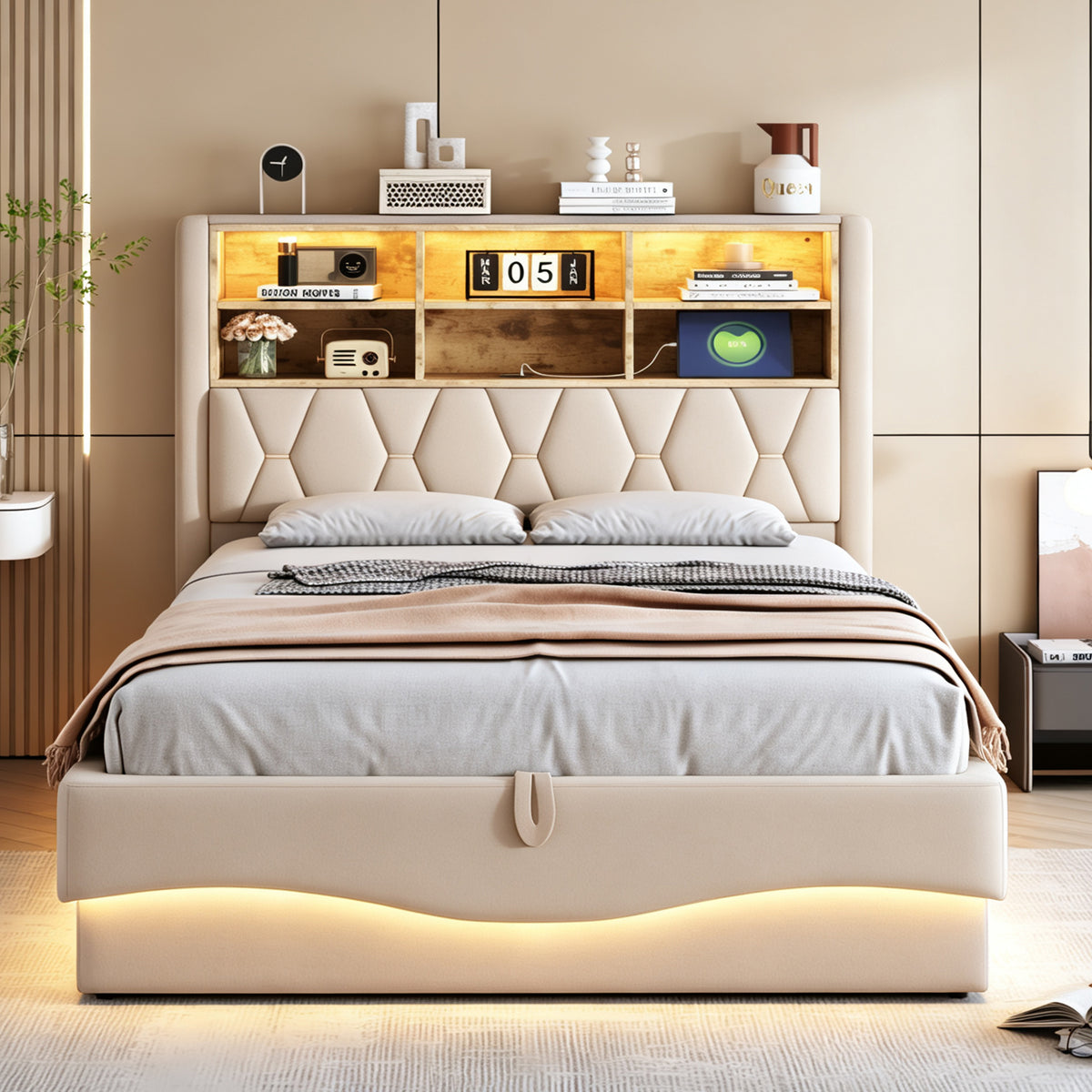 Upholstered Bed 140x200 with Storage & LED, Beige Linen