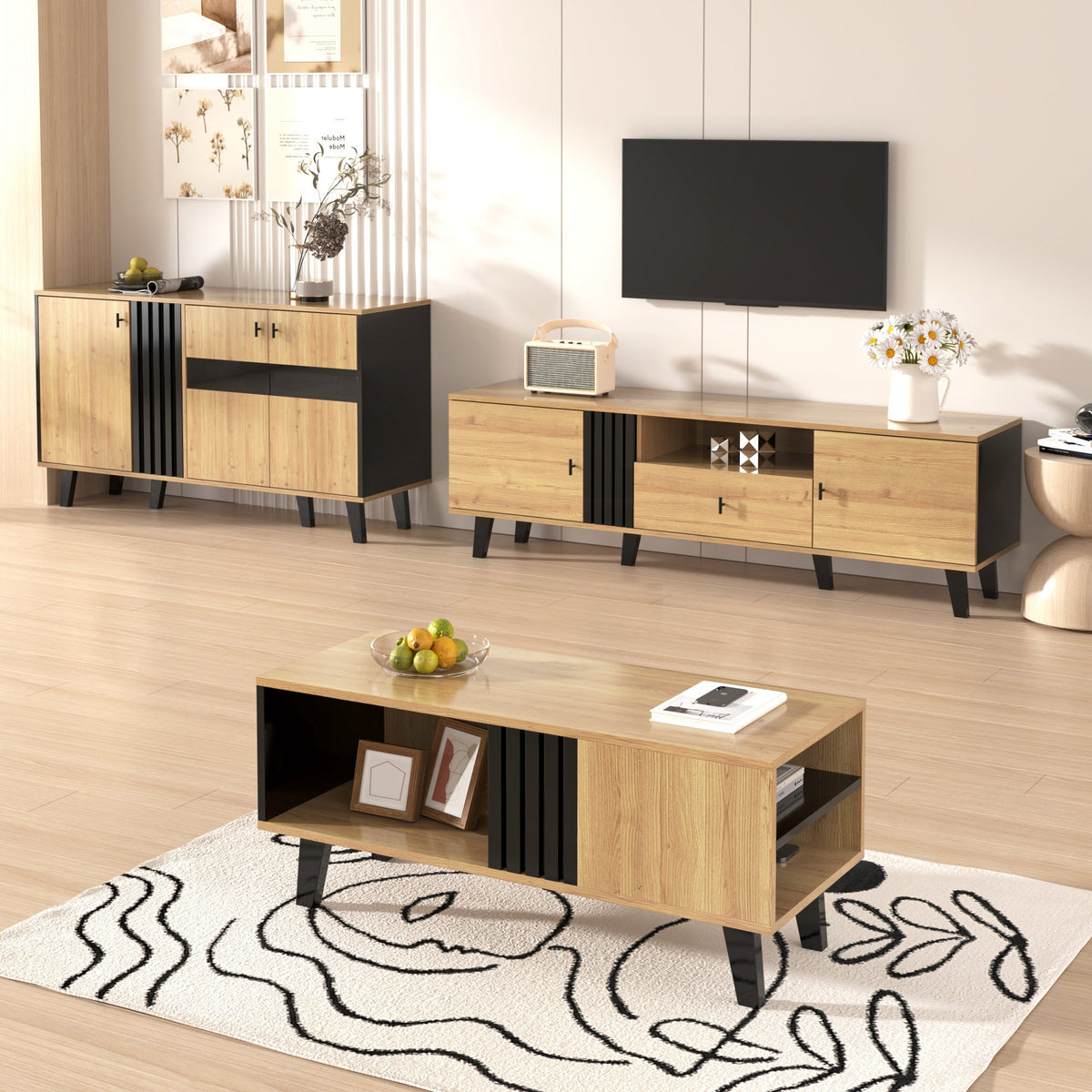 Living Room Furniture Set - Coffee Table, TV Cabinet & Sideboard, Modern, Wood & Black