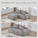 Modular Sofa for 2 People, Freely Combinable with Ottomans and Cup Holder, Light Grey Corduroy