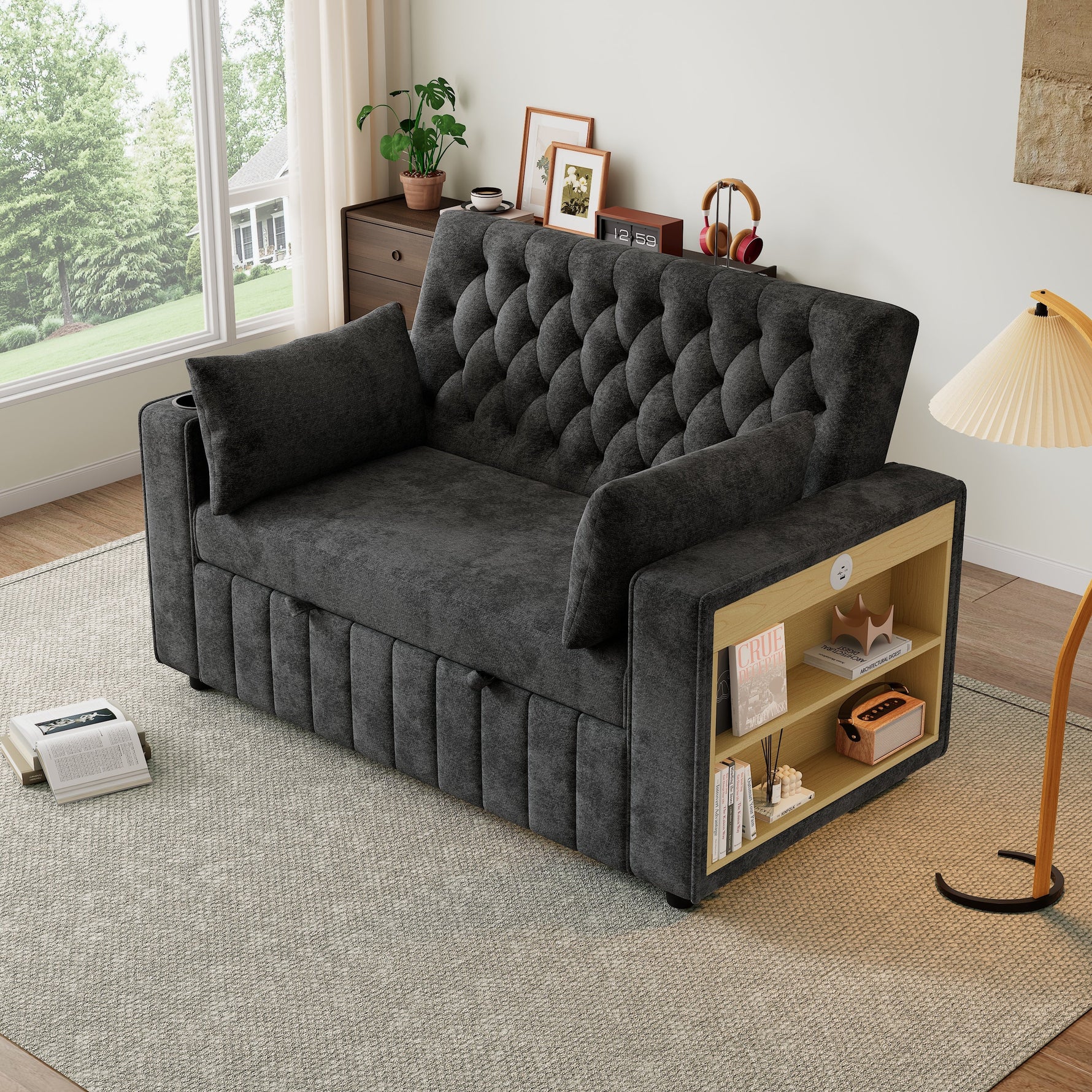 Sofa Bed, Folding with Storage, Cup Holder, USB, Gray