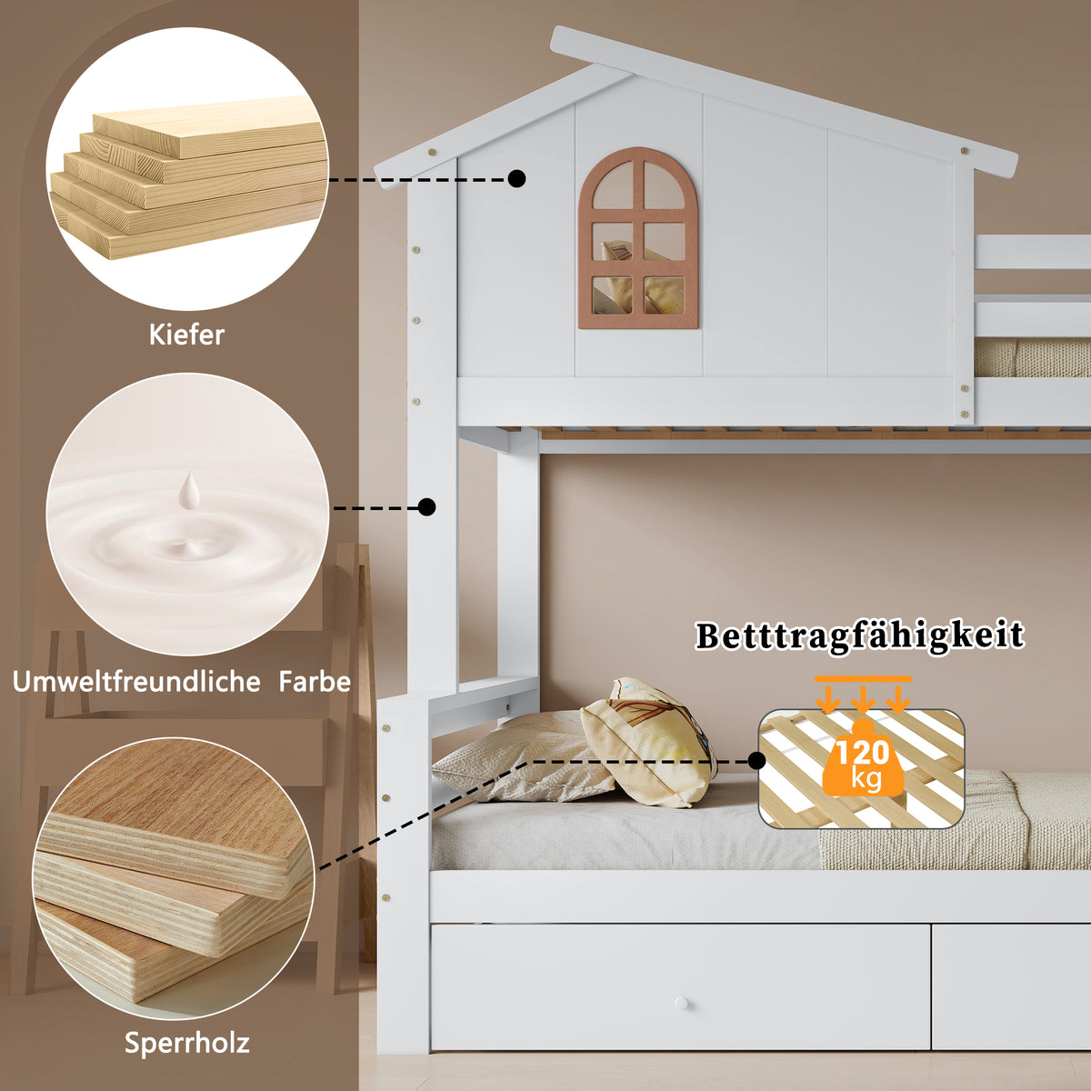Bunk Bed with Slide & Drawers, Solid Wood Frame, White