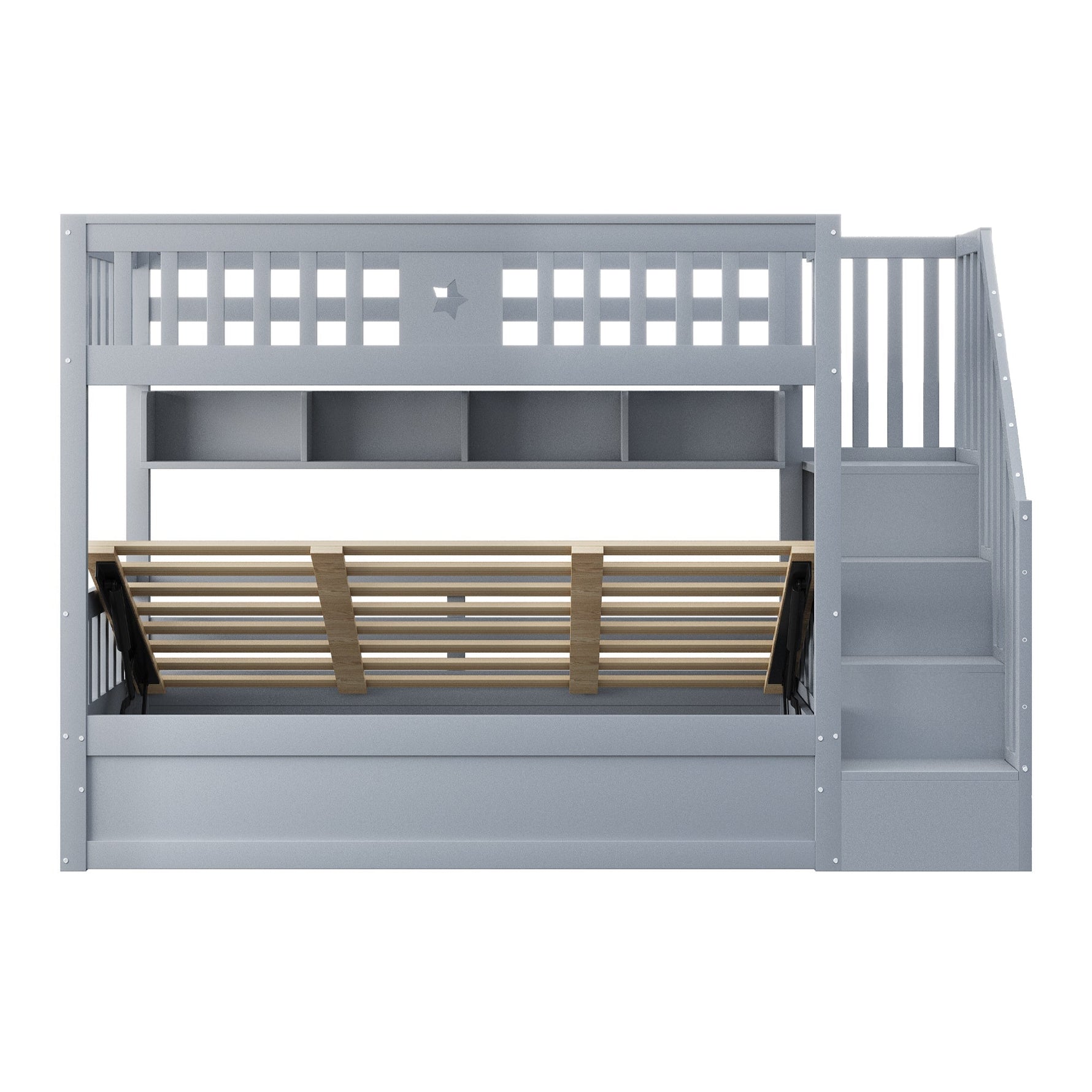 Wooden Bed 90x200cm Hydraulic Storage Stairs Shelves Loft Bunk Youth Bed, Grey
