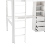 Loft Bed 140x200cm Desk Wardrobe 3 Drawers Storage Stairs - White