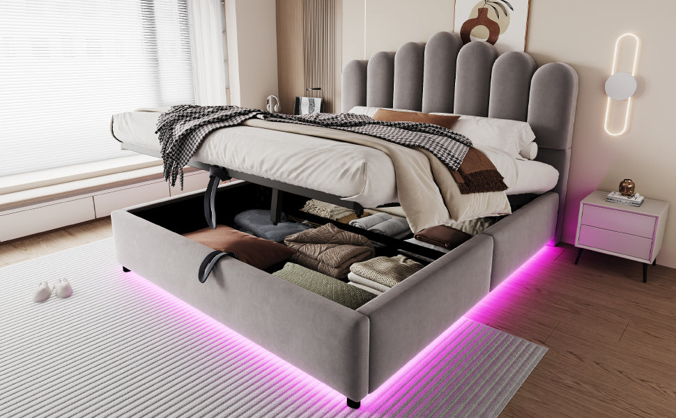 Upholstered Bed 140x200cm with Storage & LED Light - Grey Velvet
