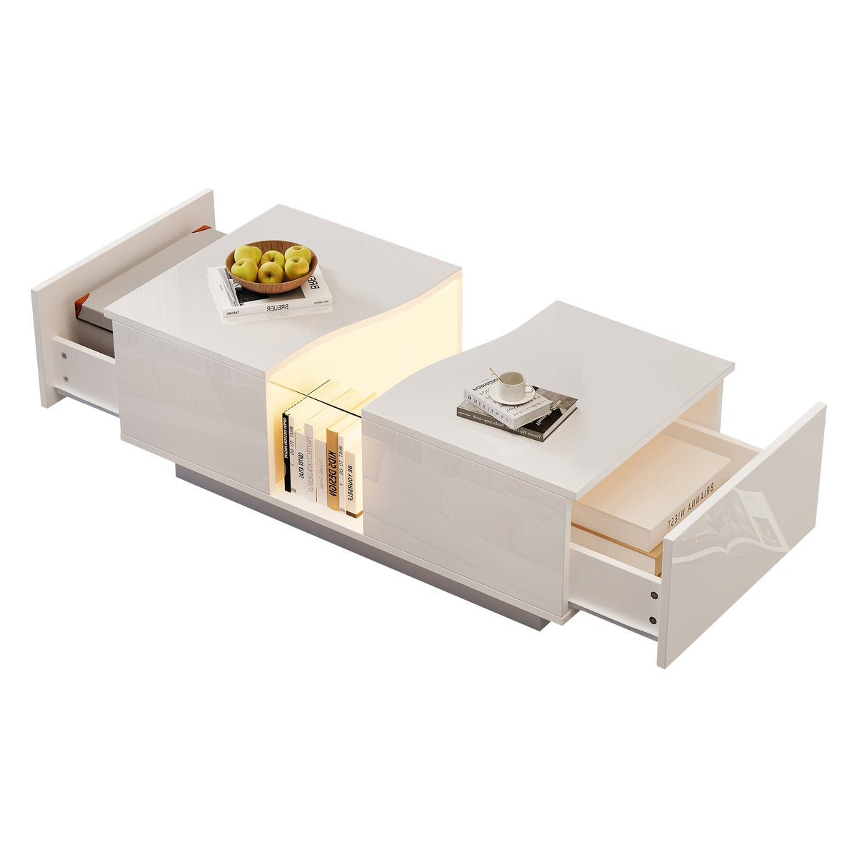 Modern LED Coffee Table, 2 Drawers 100x50x35cm, White High-Gloss MDF