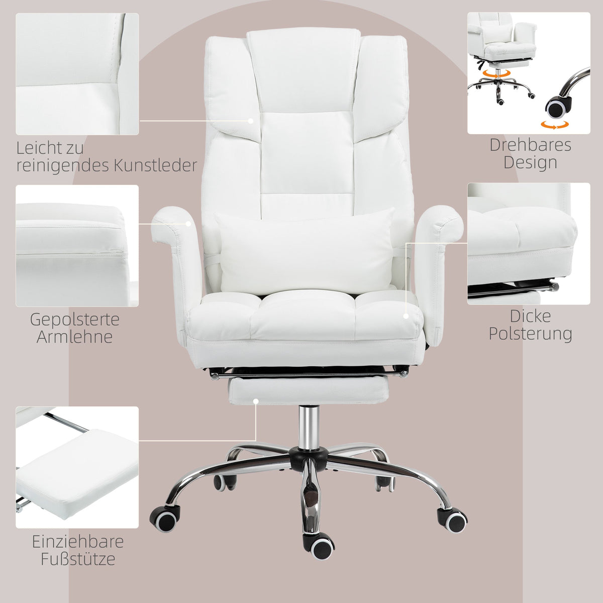 Office Chair, Ergonomic Reclining with Footrest, White Faux Leather