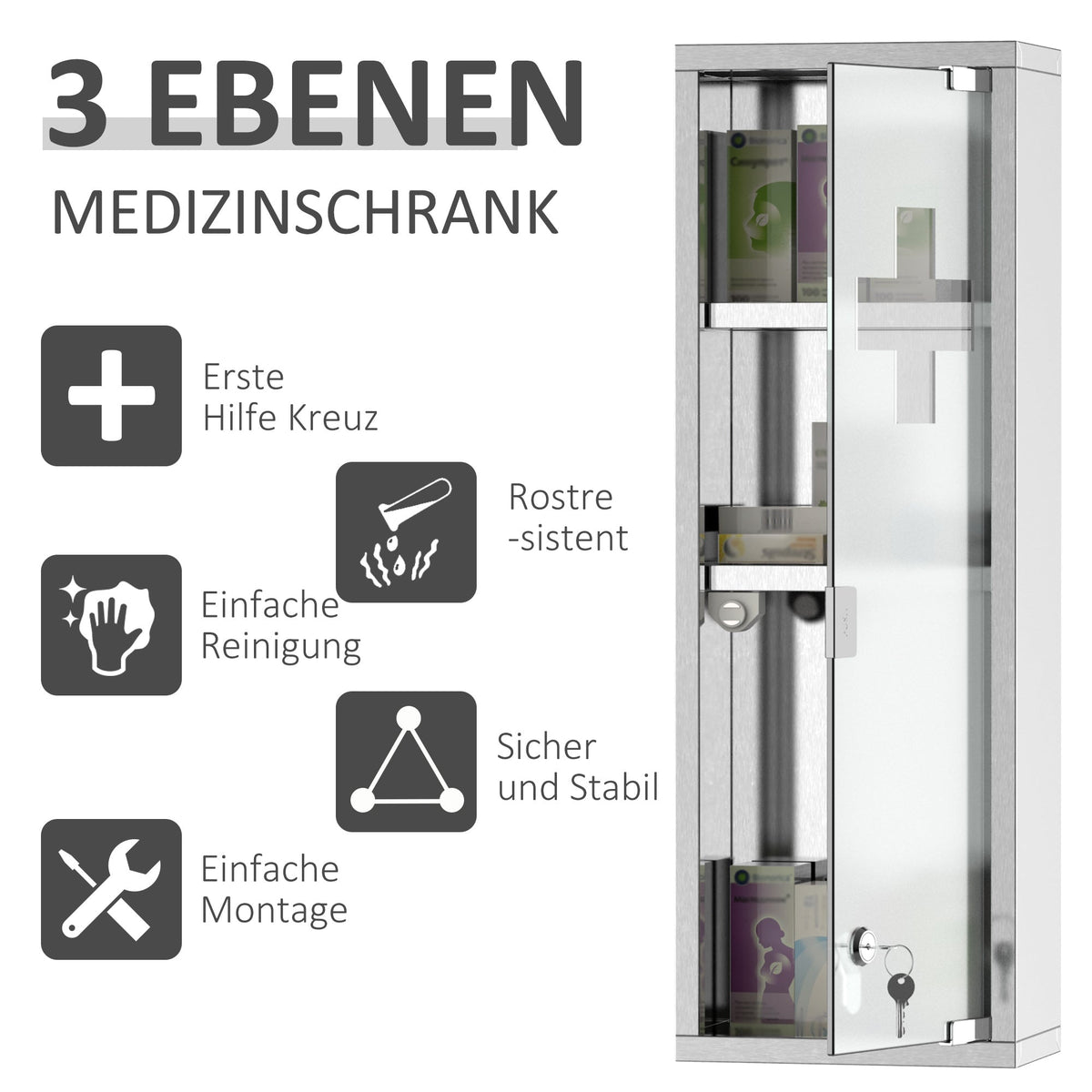 Medicine Cabinet First Aid Cabinet 20x12x58cm Home Office Stainless Steel Silver