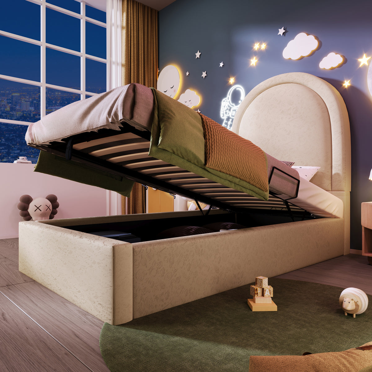 Upholstered Kids Bed, Cosmic Pattern 90x190cm, Beige PU