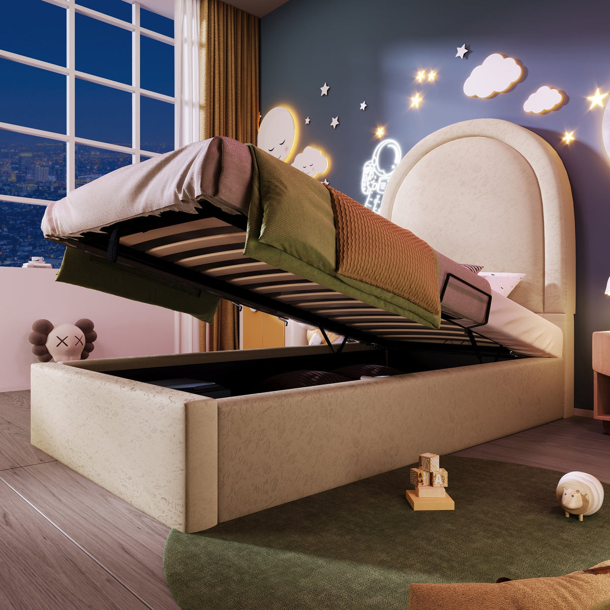 Upholstered Children's Bed, Single with Cosmic Pattern, Beige PU
