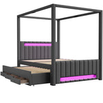 Upholstered Four-Poster Bed 140x200cm, Pull-Out & 3 Drawers, Grey