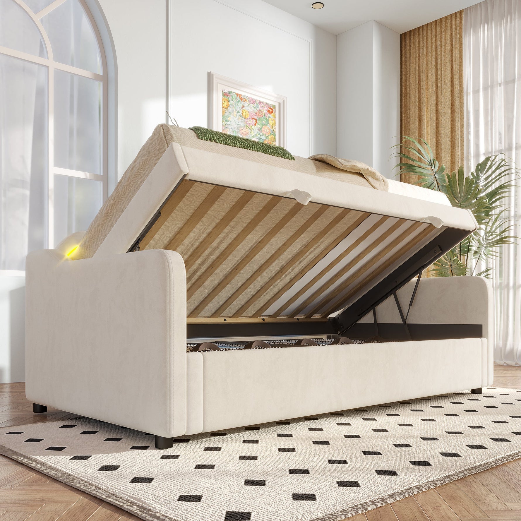 Daybed Sofa Bed 90x200cm Hydraulic Storage LED - Velvet Beige