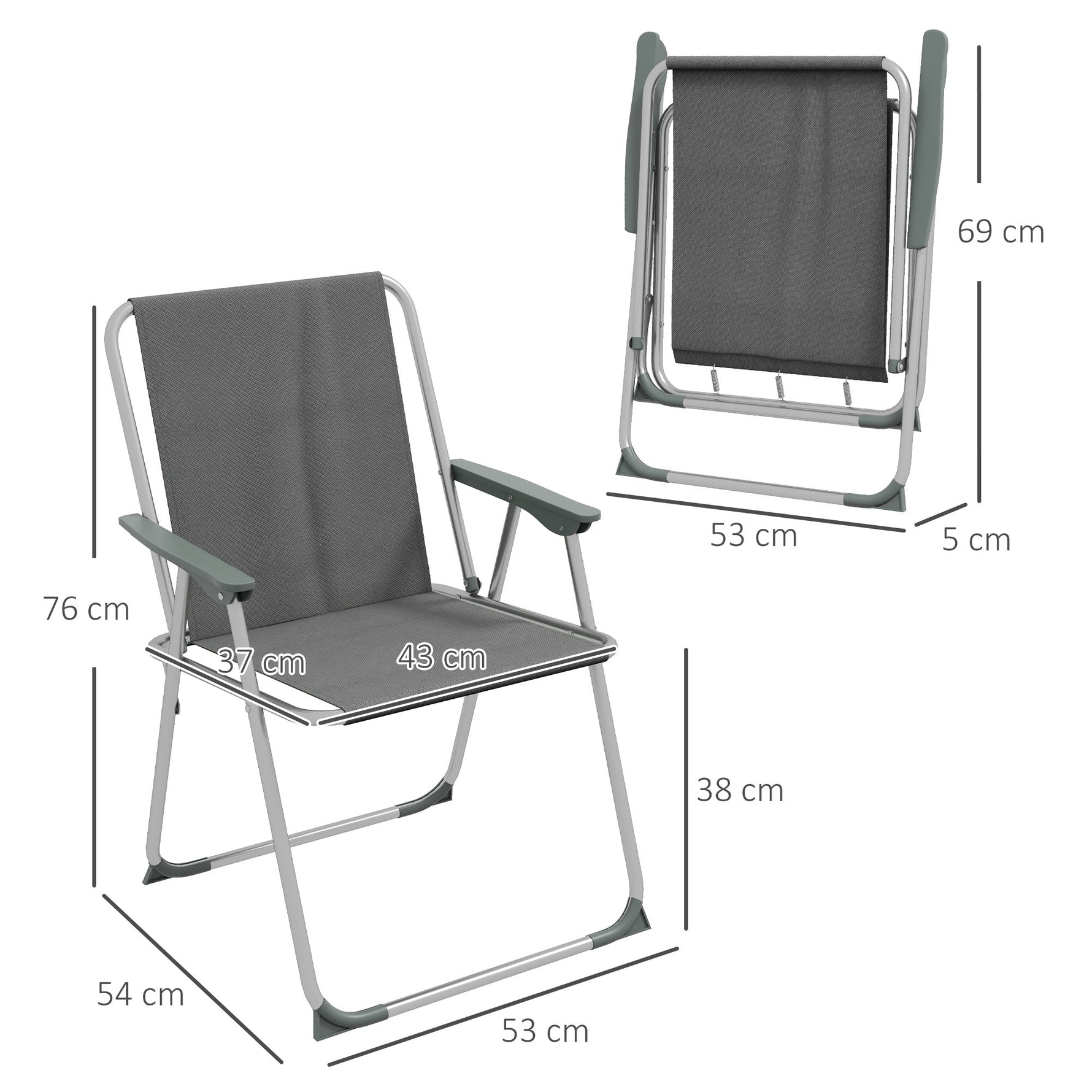 Folding Chair Set of 4, Foldable Garden Camping with Backrest Armrest, Oxford Grey