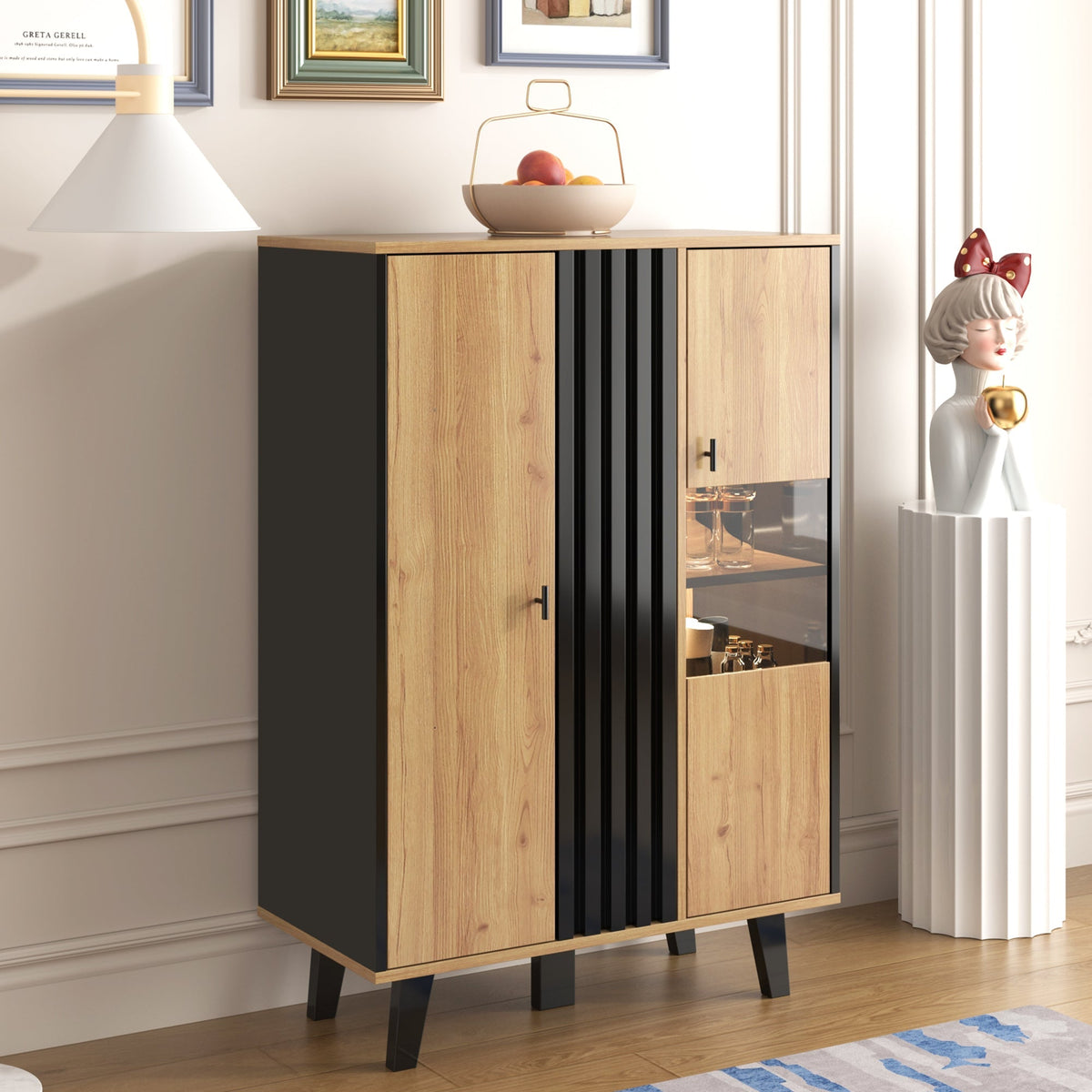 Sideboard, Display Cabinet with Glass and LED Lighting, Black and Wood