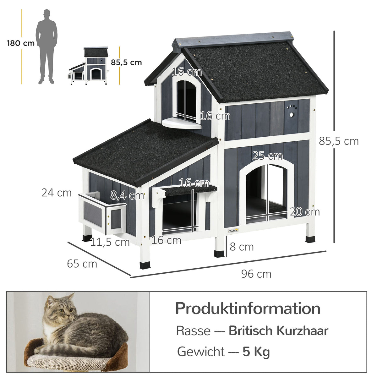 Fir Wood Cat House, 2-Level Multi-Entrance Cat Hut with Asphalt Roof