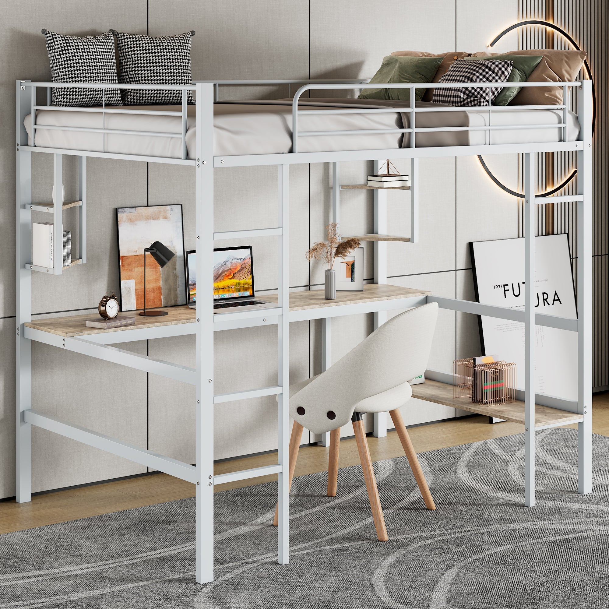 Loft Bed with Desk and Bookshelf, 90x200cm Metal Frame, White