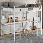 Loft Bed with Desk and Bookshelf, 90x200cm Metal Frame, White