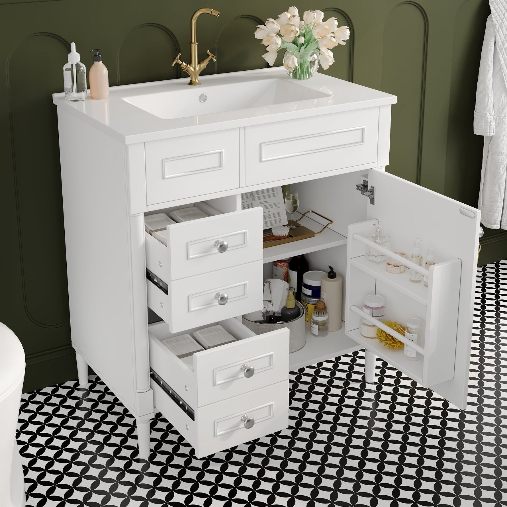 Bathroom Vanity Unit with Sink and 2 Storage Drawers, White