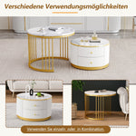 Elegant Nesting Coffee Table Set with Drawers, White Marble Look