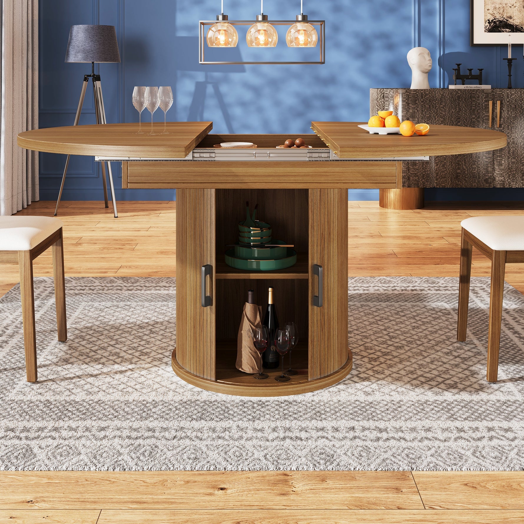 Extendable Round Dining Table, Oval Extension for 6 People, Walnut and Black