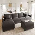 U-Shaped Modular Sofa with Sleeping Function, USB Port and Phone Holder, Gray Corduroy
