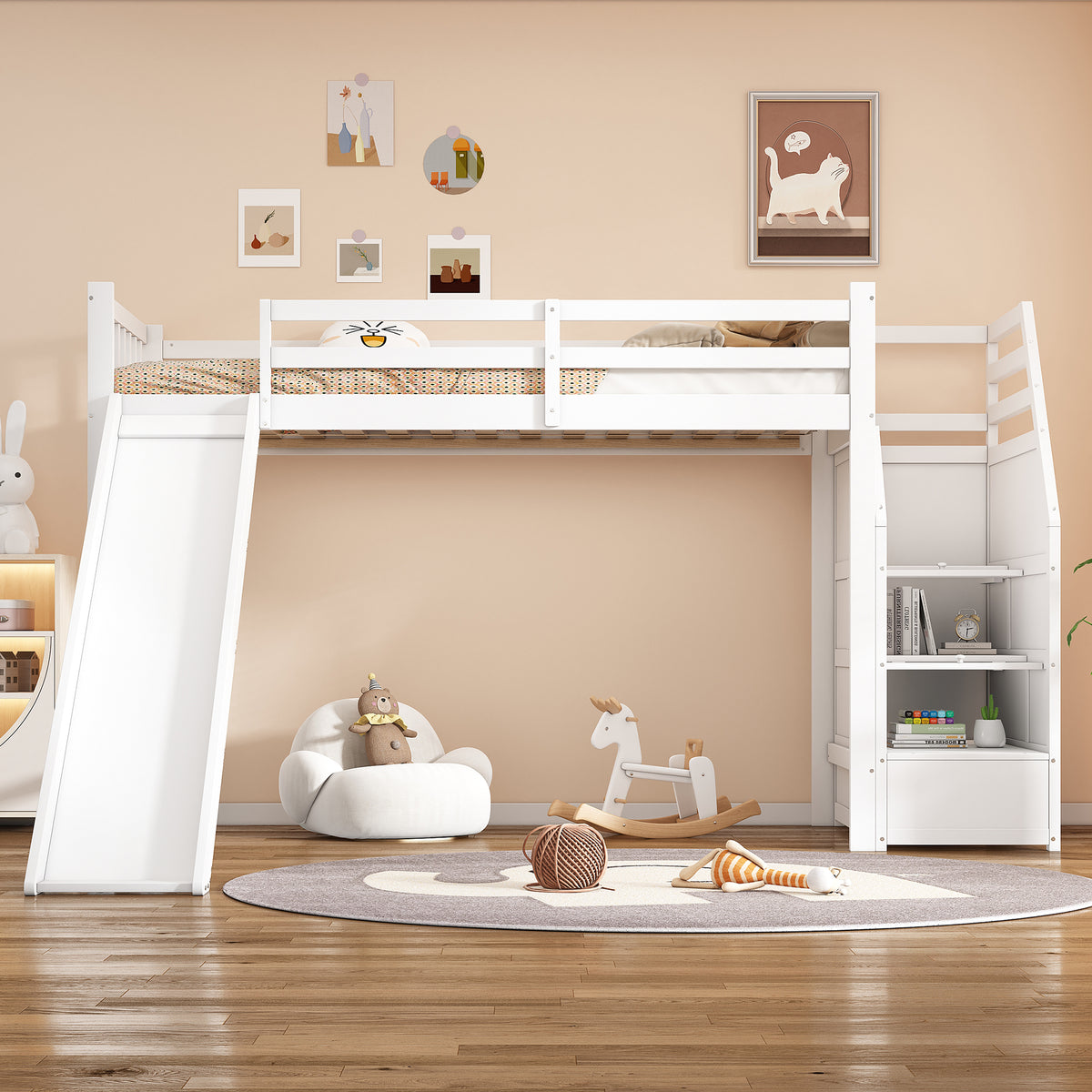 Children's Bunk Bed 90x200cm with Slide & Storage Ladder, White