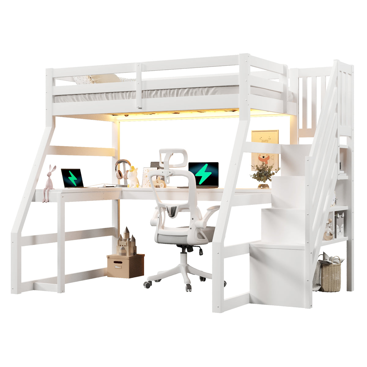 Wooden Loft Bed 90x200 with Desk, LED, USB & Storage Stairs, White