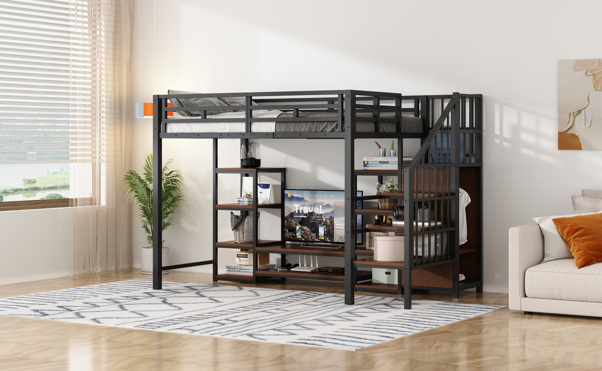 Loft Bed 90x200 with TV Stand, Power Outlet & Ladder, Black