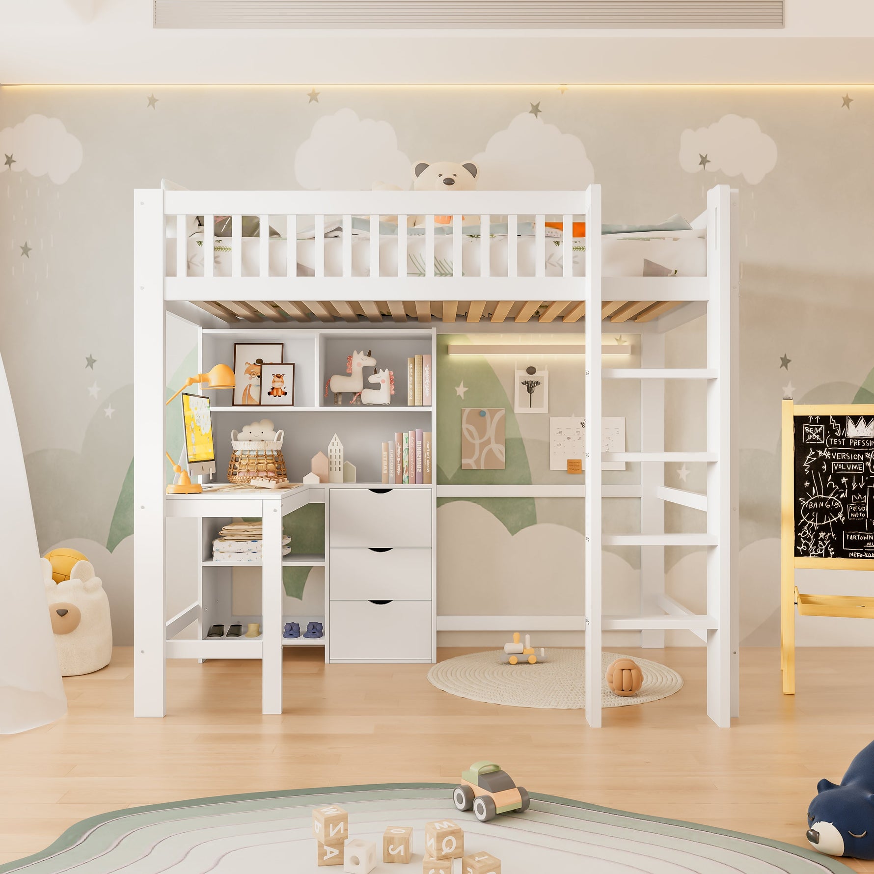 Loft Bed 90x200cm Storage Ladder Desk 3 Drawers, White