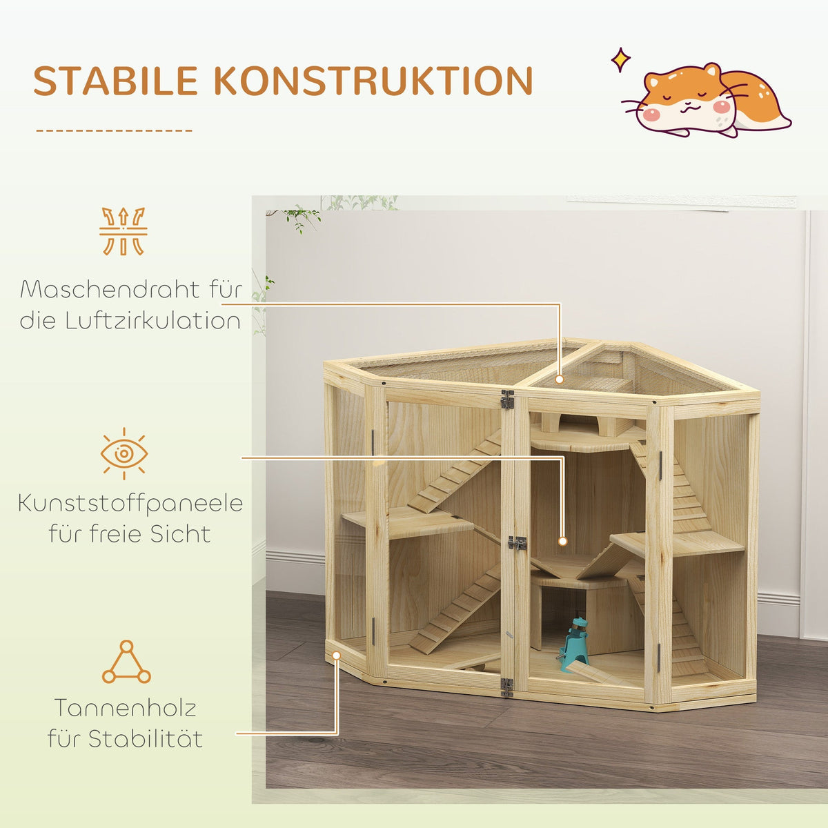 Wooden Hamster Cage, 4 Levels, Feeding Station, Seesaw, Ramp, Huts
