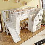 Bunk Bed with Slide, Storage Stairs and LED Light Strip, White Solid Wood
