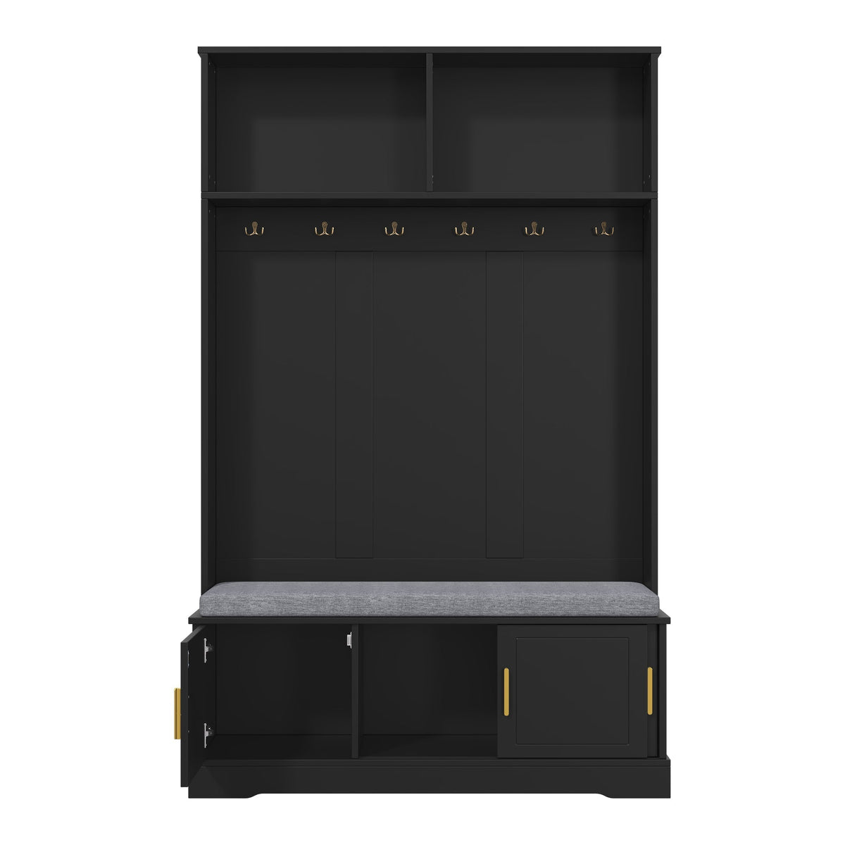 Coat rack with shoe bench wardrobe, 6 triple hooks, freestanding, space-saving, black