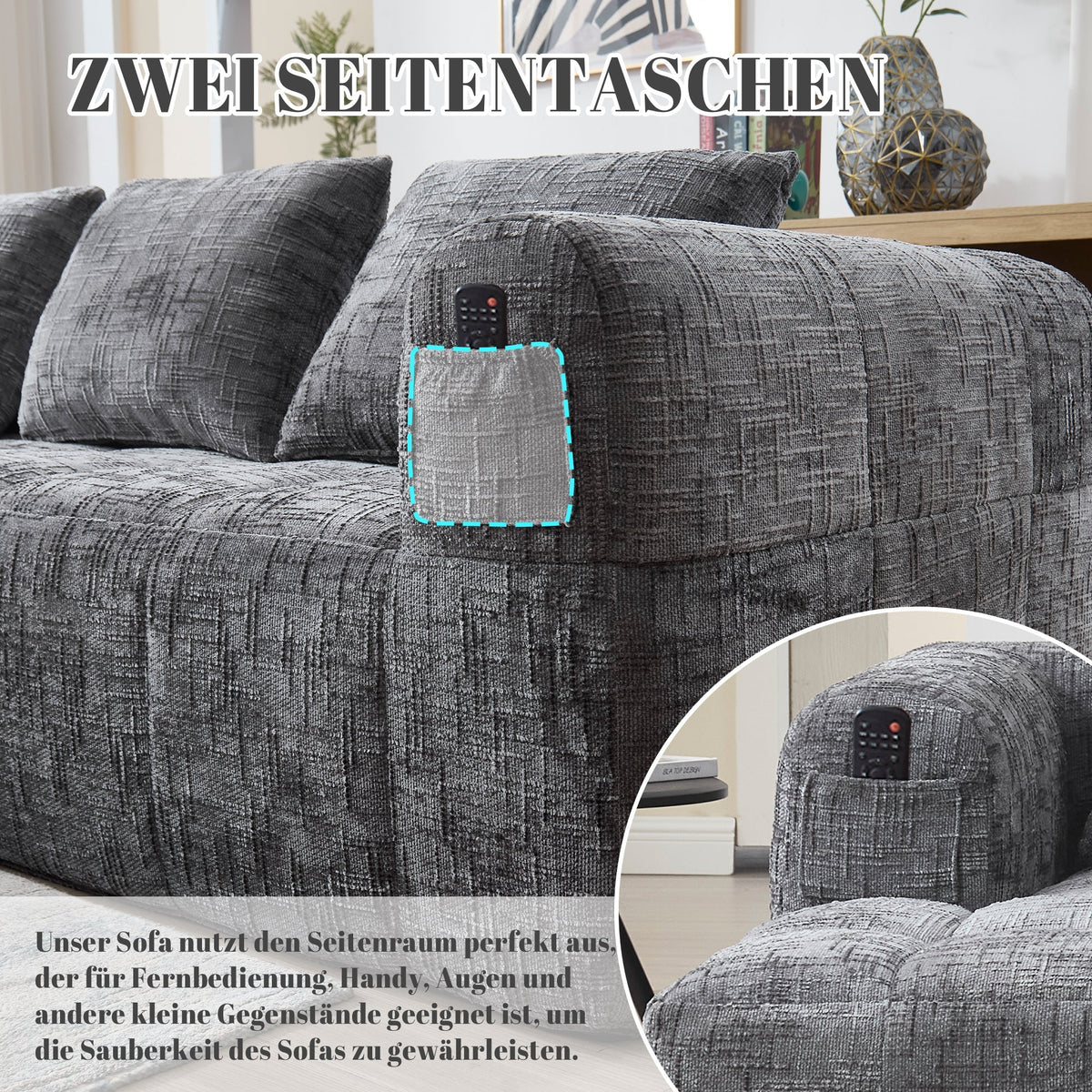 Modern Sectional Sofa L-Shaped 3-Seater Chaise Longue Storage Pocket Chenille Grey