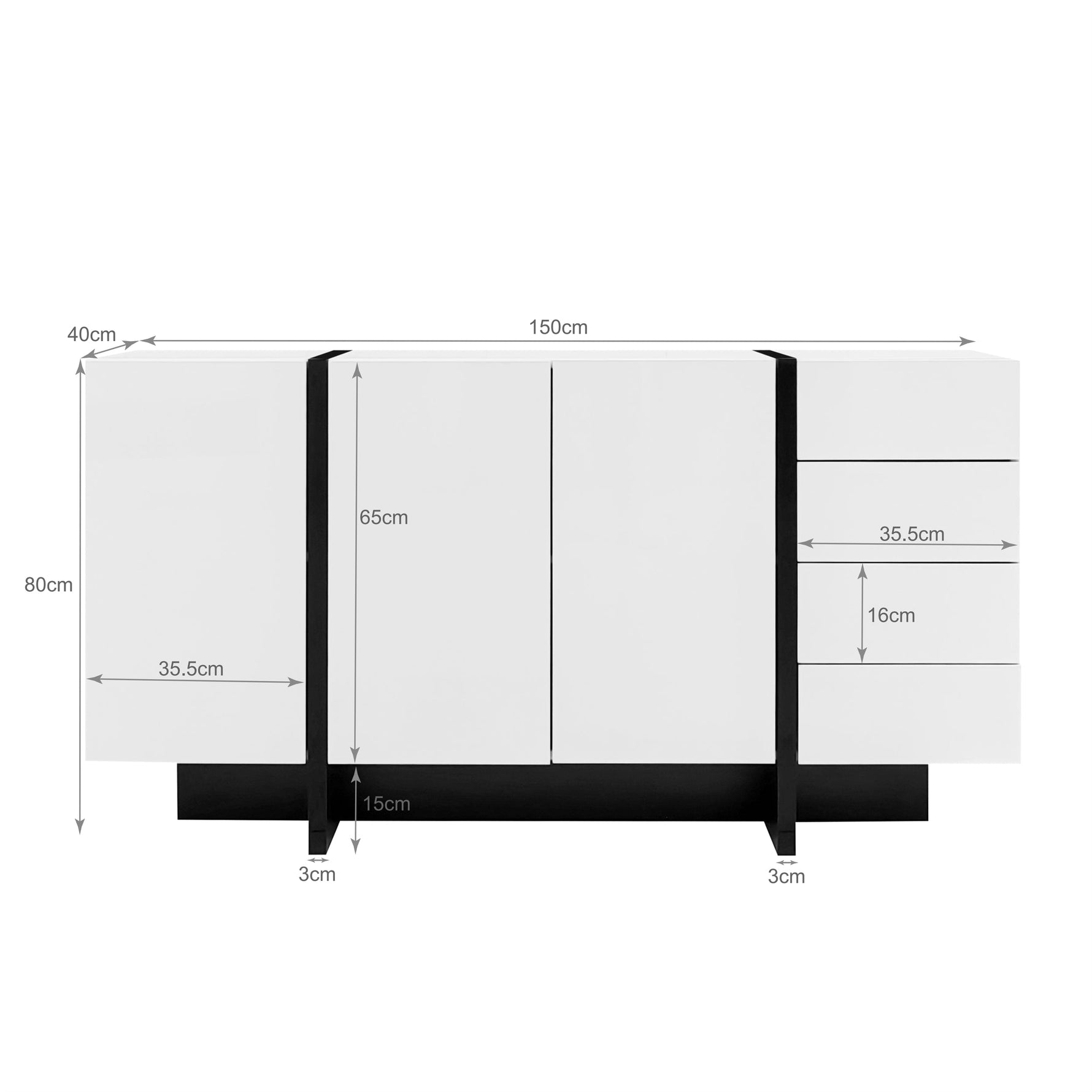 Sideboard, 2-Door 4-Drawer Modern, White High-Gloss
