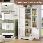 Kitchen Cabinet, LED Sensor Light, 4-Door Storage, Adjustable Shelves, White