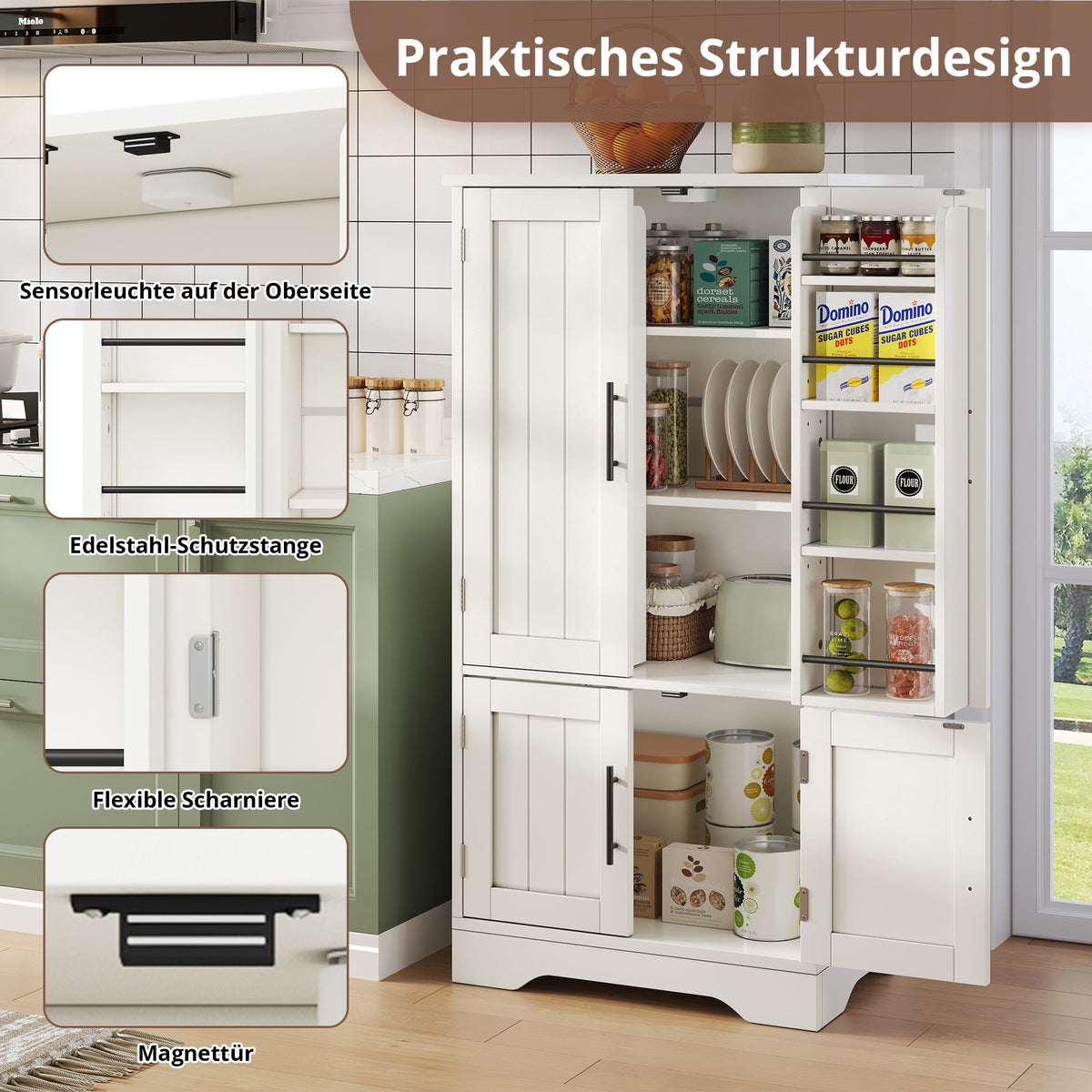 Kitchen Cabinet, LED Sensor Light, 4-Door Storage, Adjustable Shelves, White