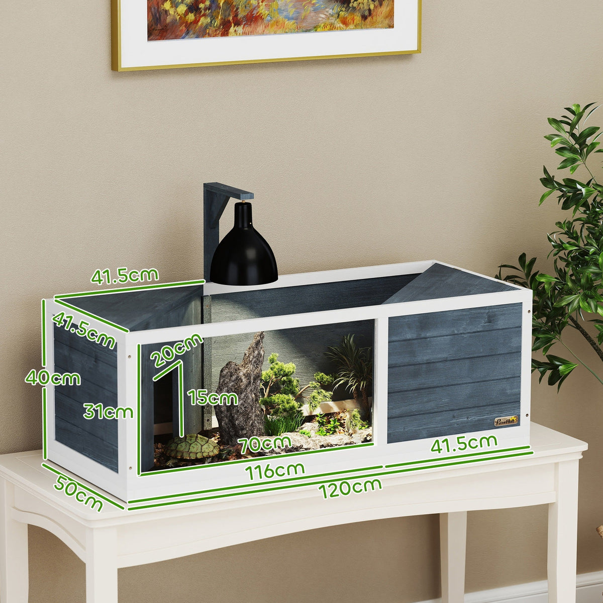 Wooden Turtle House, 2 Main Houses Hinged Top Light Stand Transparent Front Panel, Grey
