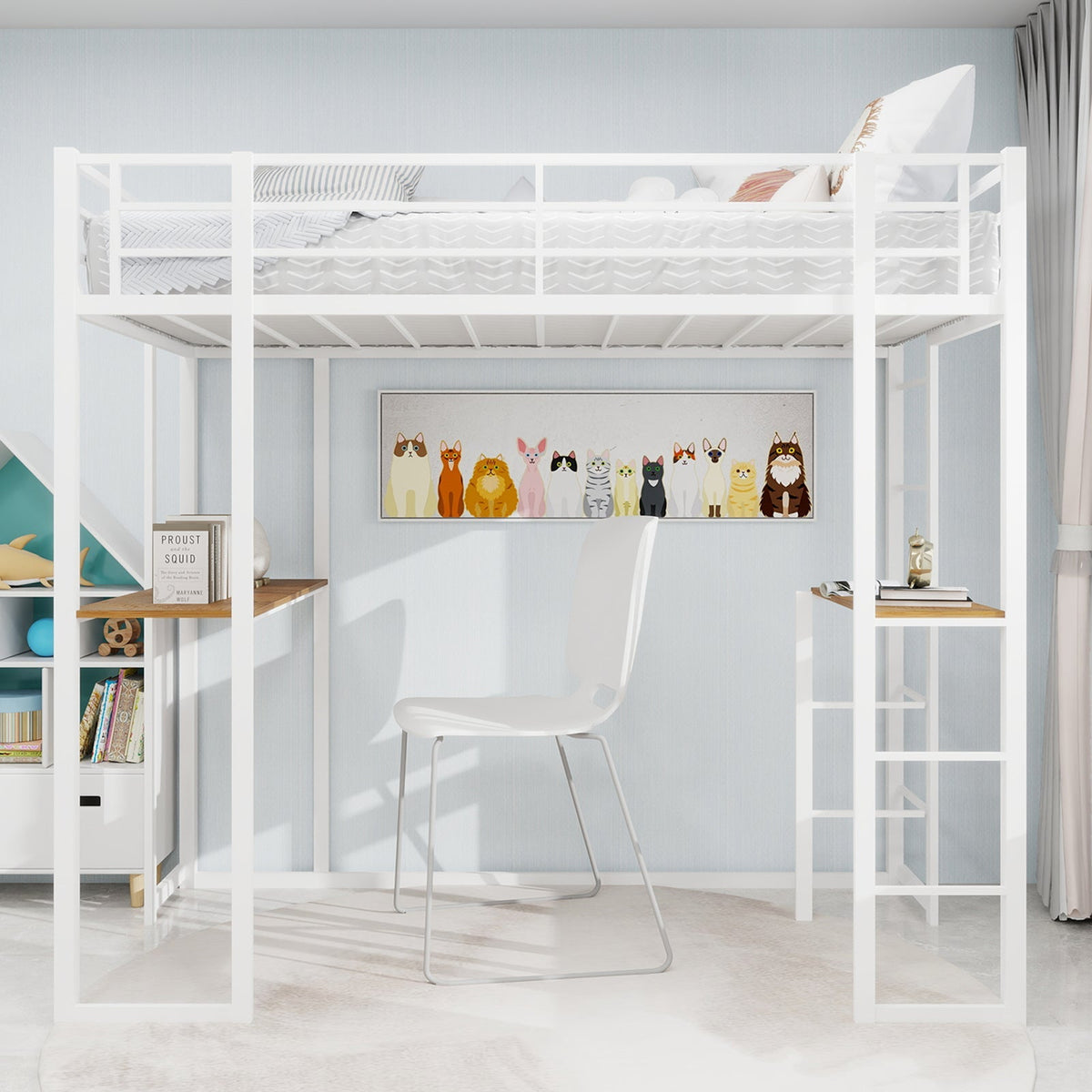 Children's Loft Bed L-Shaped Desk Railing Versatile Stairs Iron Frame