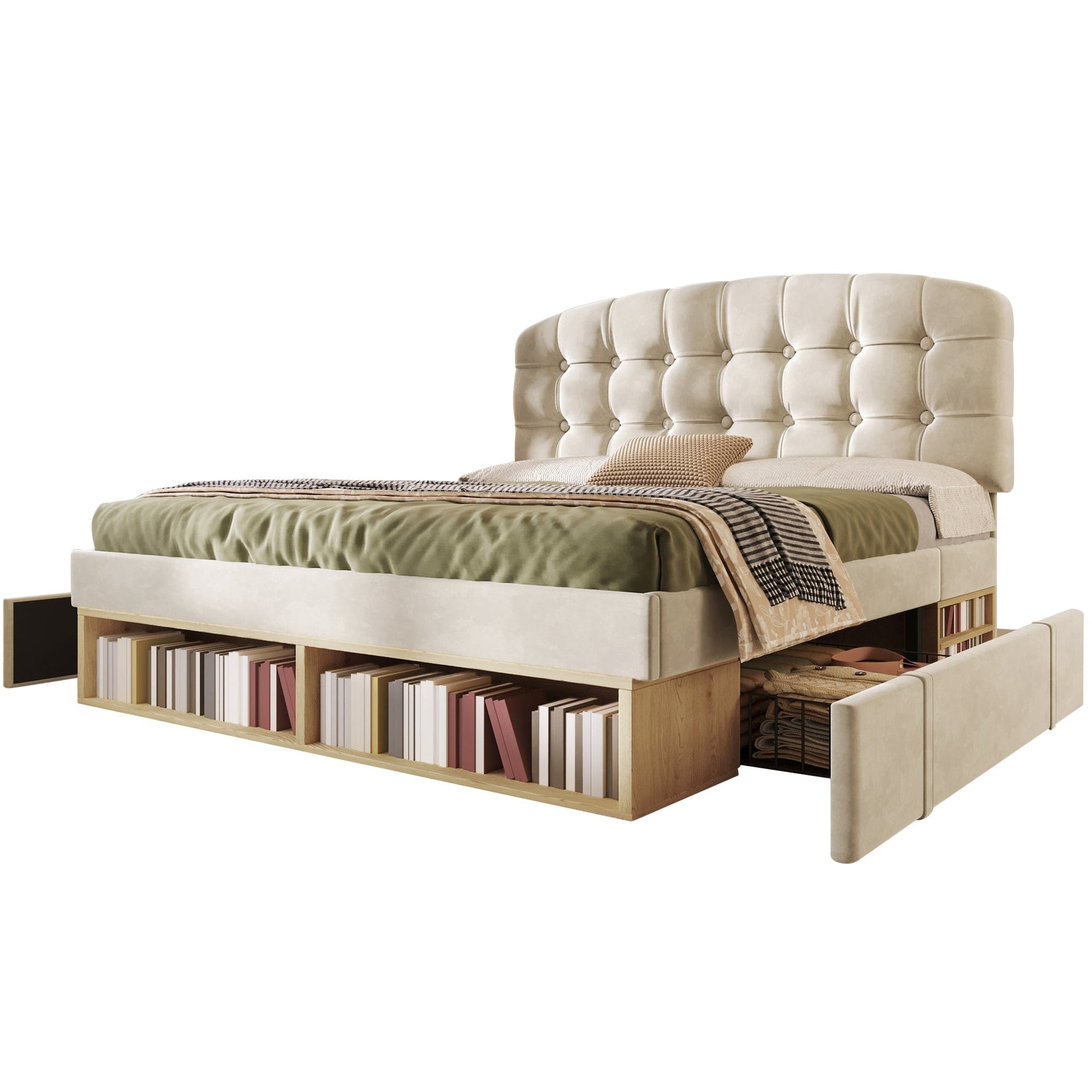 Double Bed with Storage Drawers and Adjustable Headboard, 140x190cm, Beige Velvet