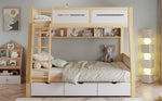 Bunk Bed, 3 Drawers, Book Stand, Fenced, Stepladder, Pine + MDF + Plywood, White + Natural