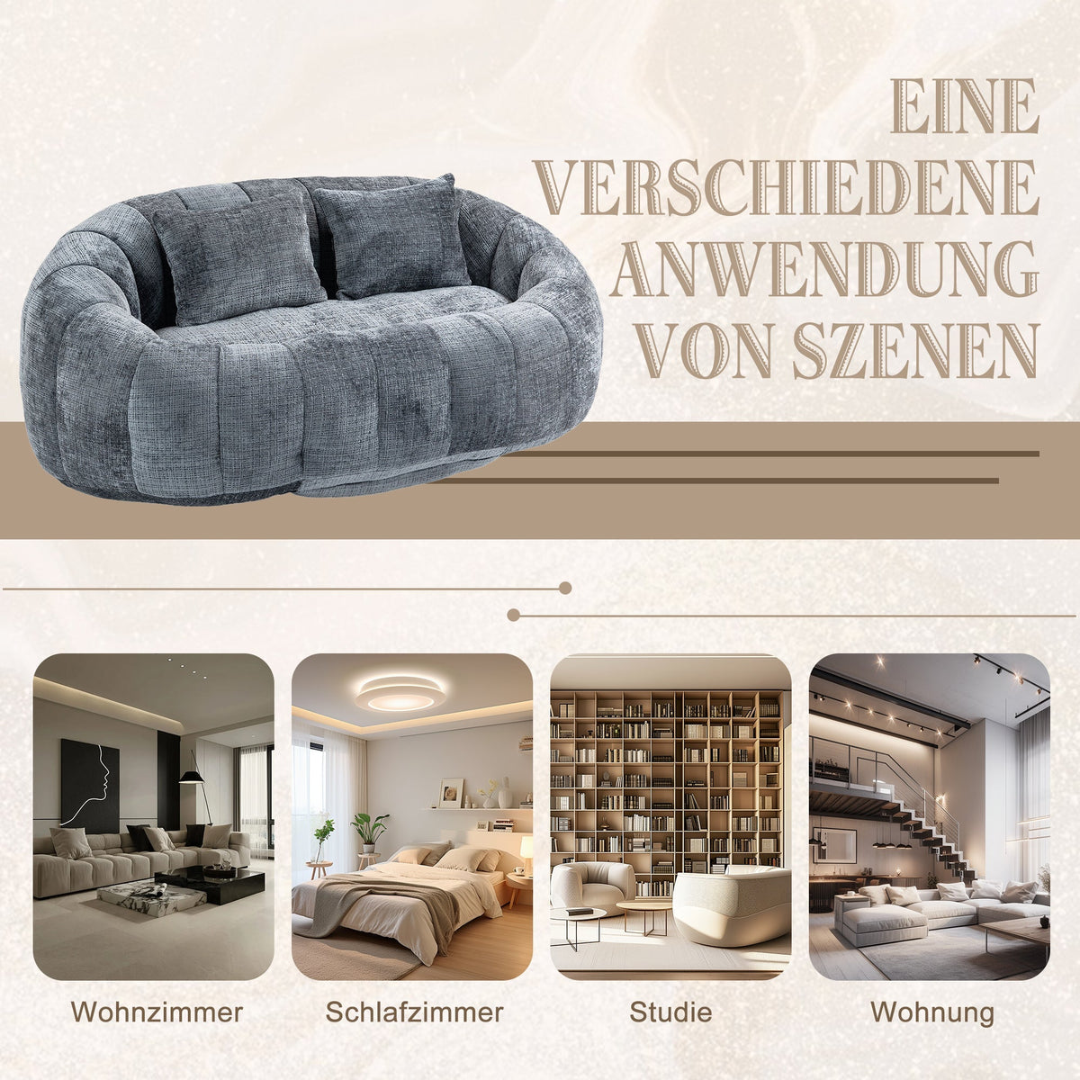Bean Bag Sofa Chair, High Back Lounger for Adults/Kids, Indoor/Outdoor - Gray Chenille