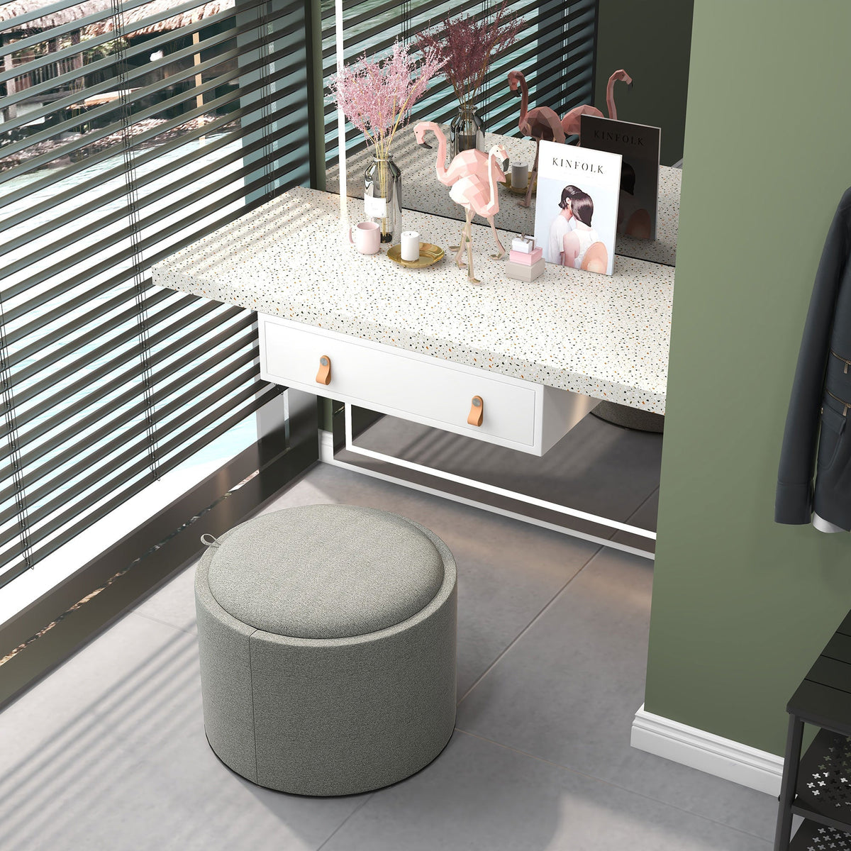 Ottoman Round Stool with Storage and Hinged Lid, grey linen look