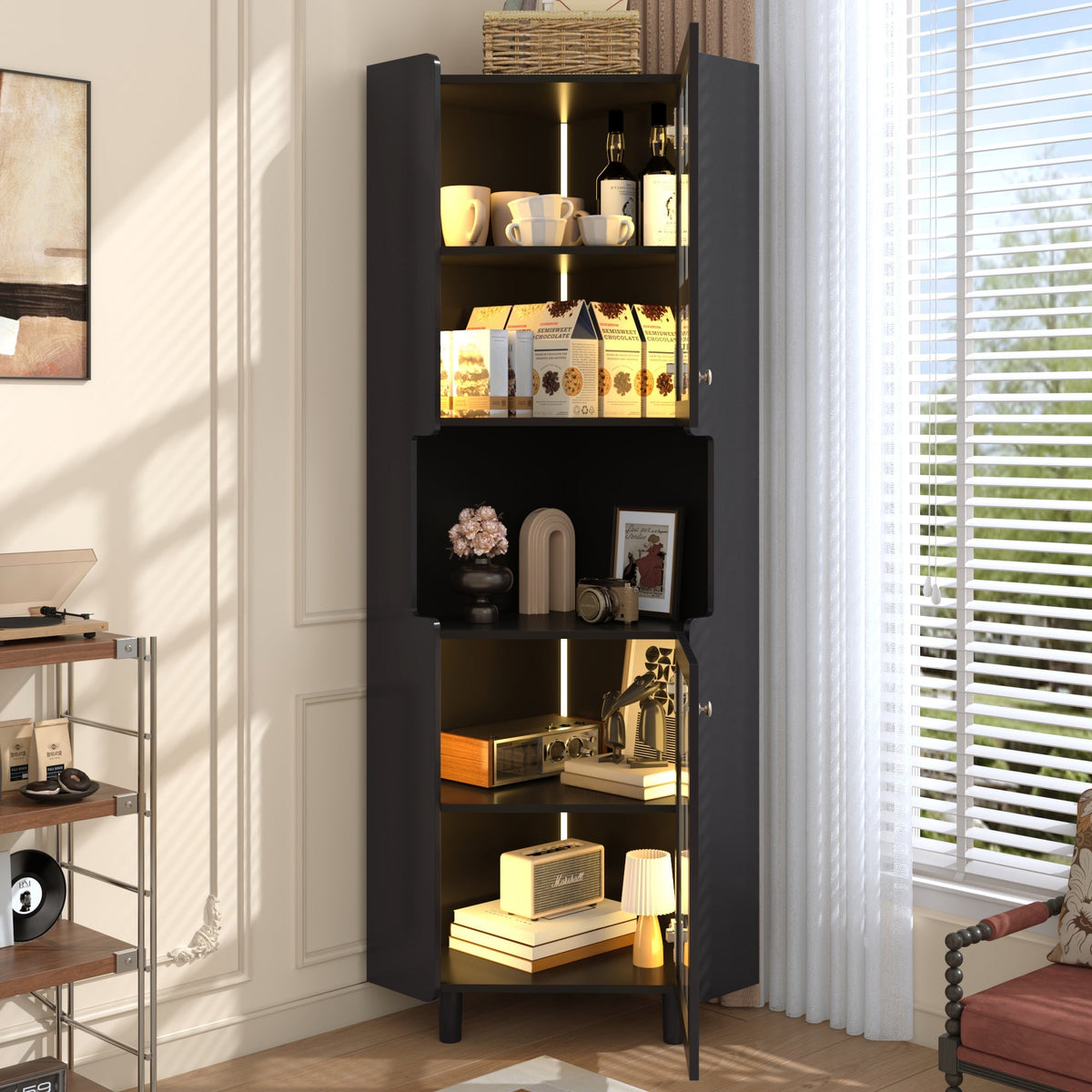 Corner Cabinet Multifunctional LED Storage - Black Lacquer Finish