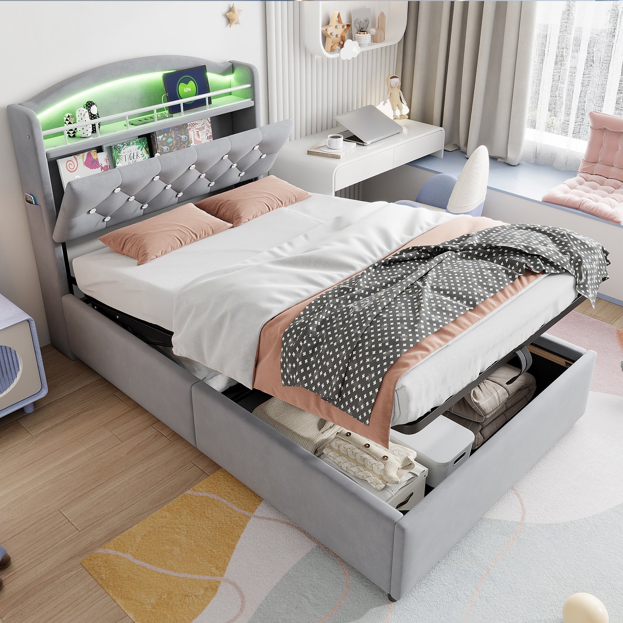 Children's Upholstered Bed, 90x200 Single with Storage, LED & USB, Grey Velvet