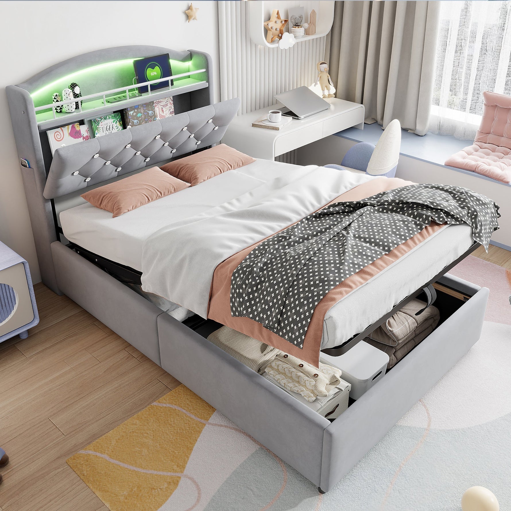 Children's Upholstered Bed, 90x200 Single with Storage, LED & USB, Grey Velvet