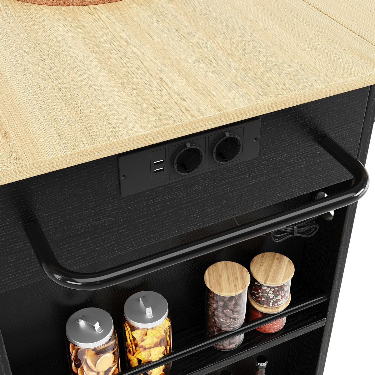 Kitchen Island Trolley Worktop Power Strip Wood Grain Storage - Black