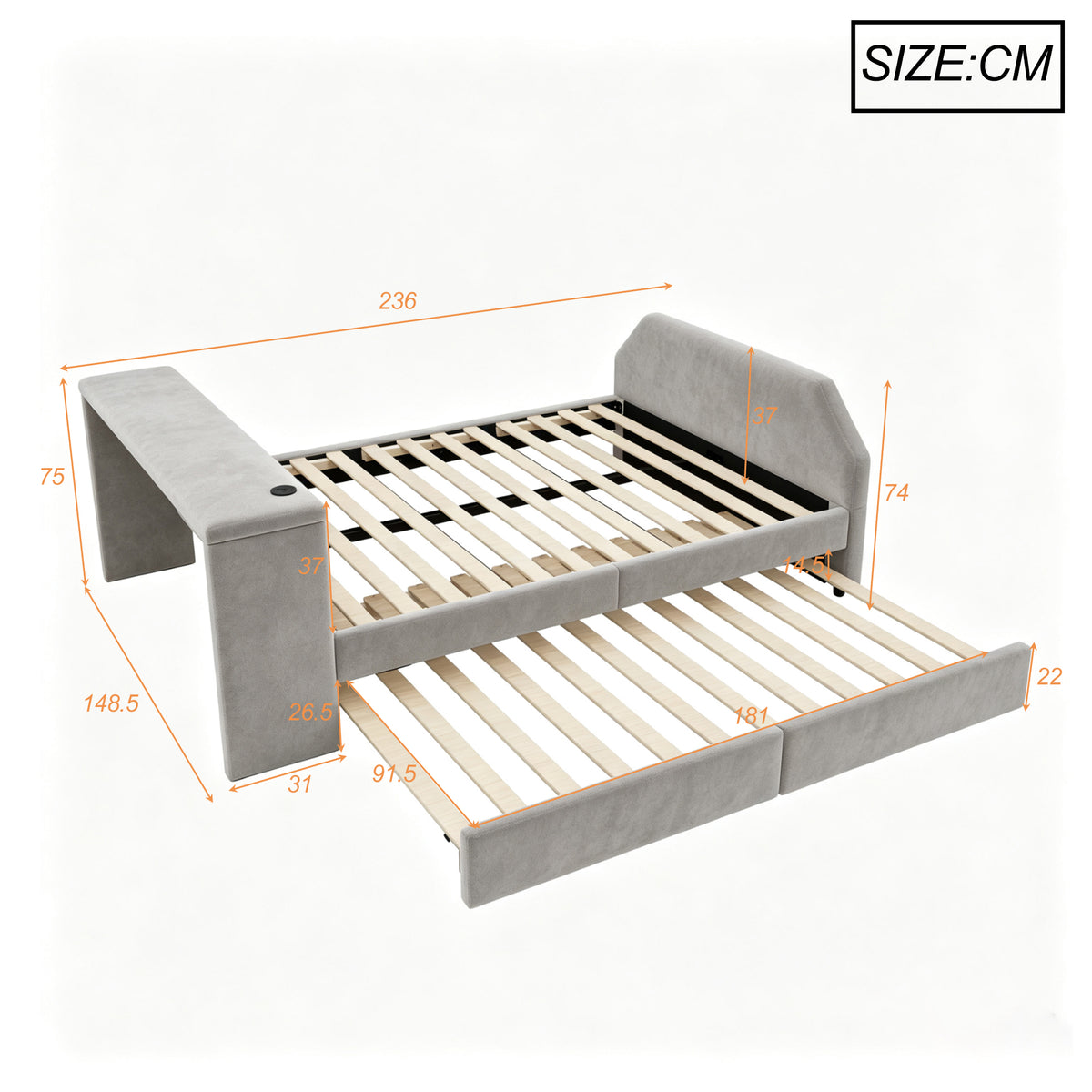 Children's Bed 140x200 with Desk & Guest Bed in Grey Velvet