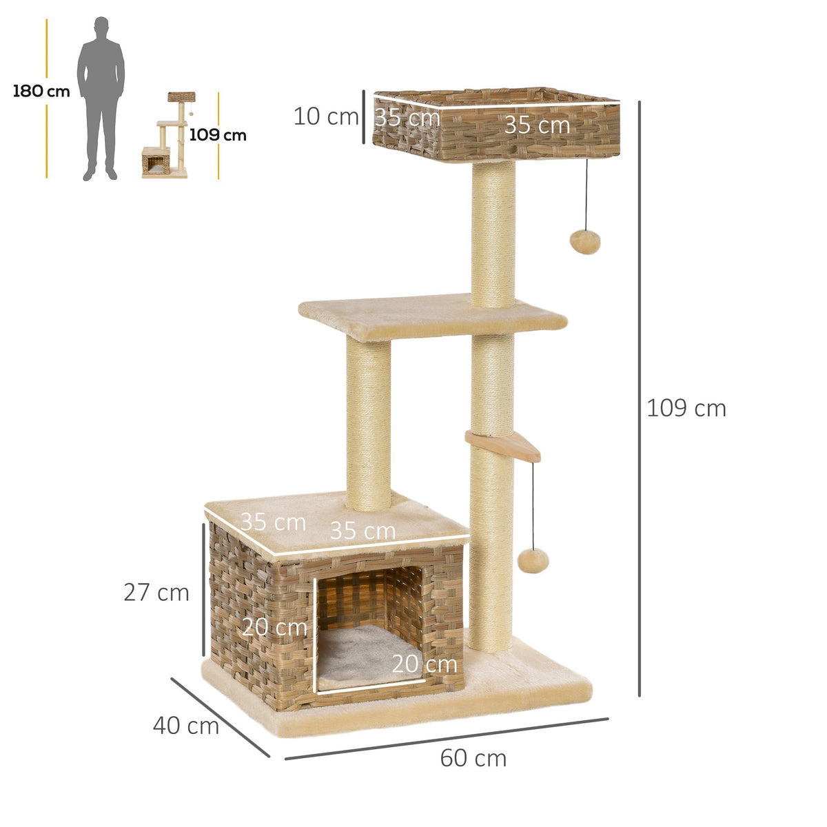 Rattan Cat Tree, 3 Levels, Cat Cave, Sisal & Plush, Brown and Beige